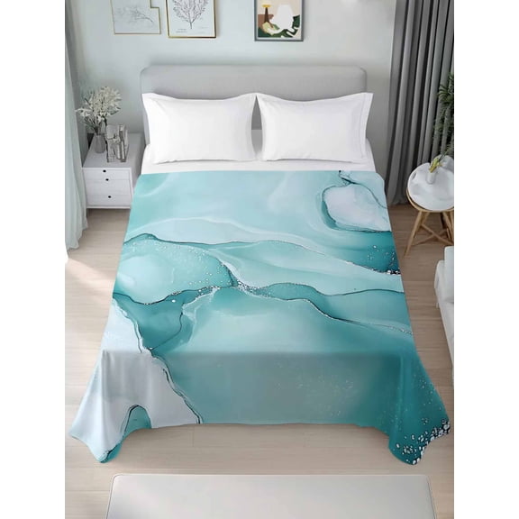 Twin XL Size Flat Sheet Only, Turquoise Marble Soft Brushed Microfiber Bed Sheets, Modern Abstract Art Texture Watercolor Hotel Quality Breathable Bedding Top Sheet, Easy Care, 66"x96"