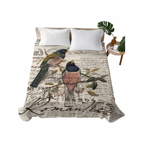 Twin Size Flat Sheet Only, Vintage Birds Soft Brushed Microfiber Bed Sheets, Country Envelope Postmark Farmhouse Botancial Hotel Quality Breathable Bedding Top Sheet, Easy Care, 66"x96"