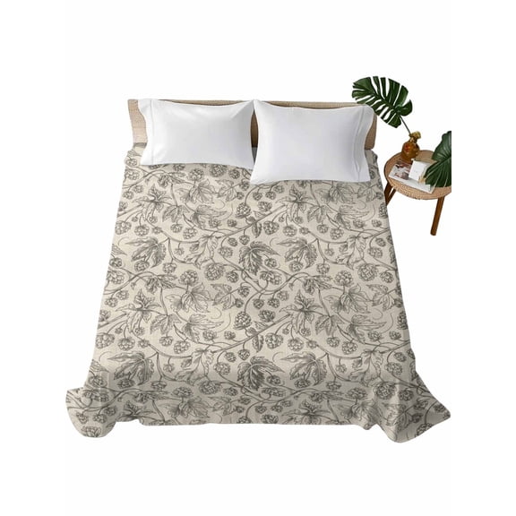 Twin Size Flat Sheet Only, Vintage Flowers Soft Brushed Microfiber Bed Sheets, Branch Plants Beige Botanical Rustic Hotel Quality Breathable Bedding Top Sheet, Easy Care, 66"x96"