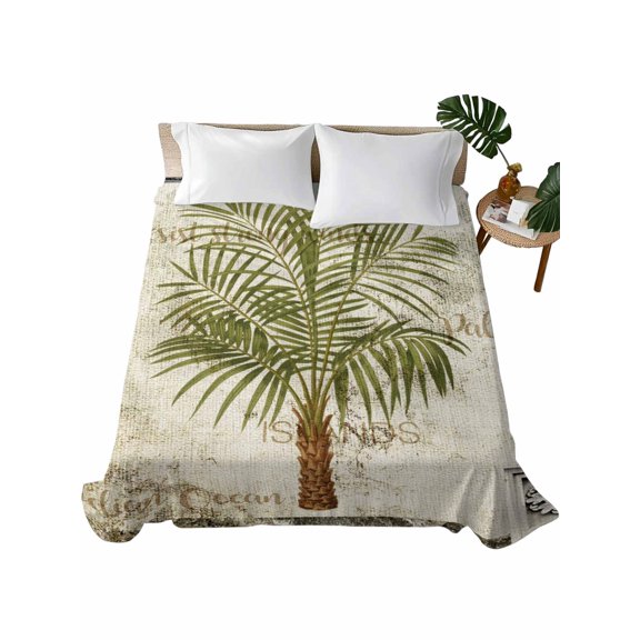 Twin Size Flat Sheet Only, Vintage Palm Trees Soft Brushed Microfiber Bed Sheets, Summer Tropical Botanical Beige Burlap Hotel Quality Breathable Bedding Top Sheet, Easy Care, 66"x96"