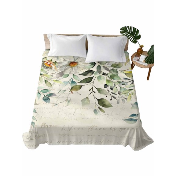 TwinSize Flat Sheet Only, White Daisy Soft Brushed Microfiber Bed Sheets, Spring Floral Eucalyptus Leaves Summer Botanical Hotel Quality Breathable Bedding Top Sheet, Easy Care, 66"x96"
