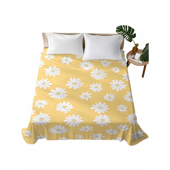 Twin XL Size Flat Sheet Only, White Yellow Daisy Soft Brushed Microfiber Bed Sheets, Spring Summer Floral Botanical Hotel Quality Breathable Bedding Top Sheet, Easy Care, 66"x96"