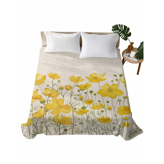 Twin XL Size Flat Sheet Only, Yellow Daisy Soft Brushed Microfiber Bed Sheets, Rustic Spring Floral Summer Botanical Hotel Quality Breathable Bedding Top Sheet, Easy Care, 66"x96"