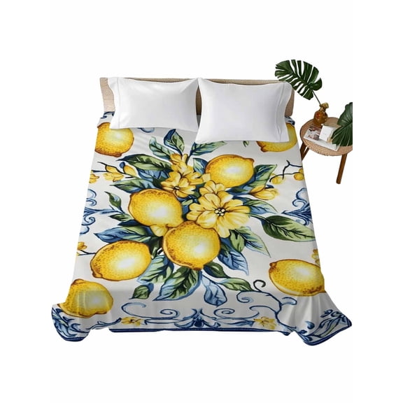 Twin Size Flat Sheet Only, Yellow Lemon Soft Brushed Microfiber Bed Sheets, Middle Century Blue Italian Textured Hotel Quality Breathable Bedding Top Sheet, Easy Care, 66"x96"