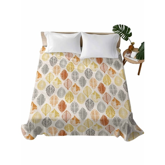 Twin XL Size Flat Sheet Only, Yellow Orange Grey Tropical Leaves Soft Brushed Microfiber Bed Sheets, Farmhouse Burlap Aesthetics Hotel Quality Breathable Bedding Top Sheet, Easy Care, 66"x96"
