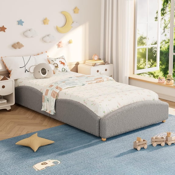 Twin-XL Size Floor Bed Daybed, Upholstered Cloud Design with Raised Sides, Soft Fabric, Low Profile Platform Bed, Wood Frame, Gray