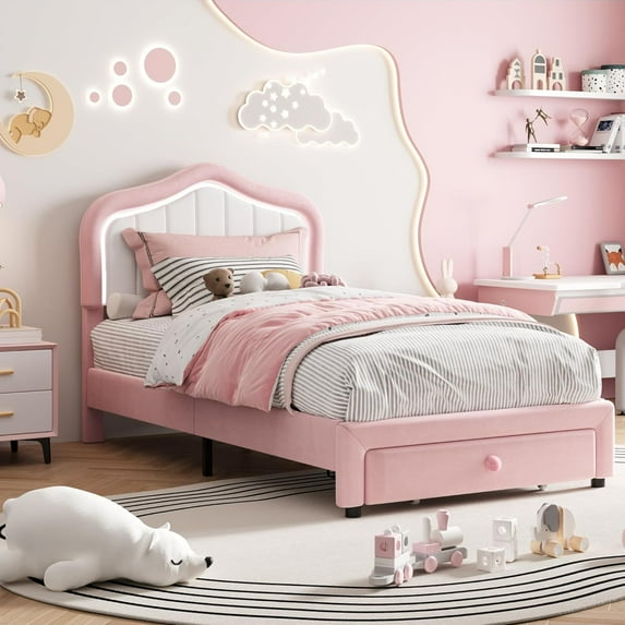 Twin-XL Size LED Bed Frame with Storage Drawer, Velvet Princess Platform Bed Frame Twin Platform BedWooden Slats Support, No Box Spring Needed, Easy Assembly No Box Spring Needed