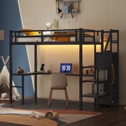 Twin XL Size Loft Bed with Desk and Stairs, Metal Loft Bed Frame with Wardrobe and USB Charging Station, High Loft Bed with LED Light for Teens Adults-Black