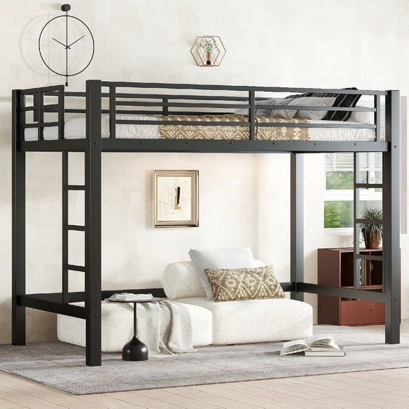 Twin XL Size Loft Bed Frame, Metal Loft Bed with Easy Climbing Ladder and Safety Guard Rails for Bedroom, Dorm, Apartment, Easy Assembly, No Box Spring Needed, Mattress Not Included, Black