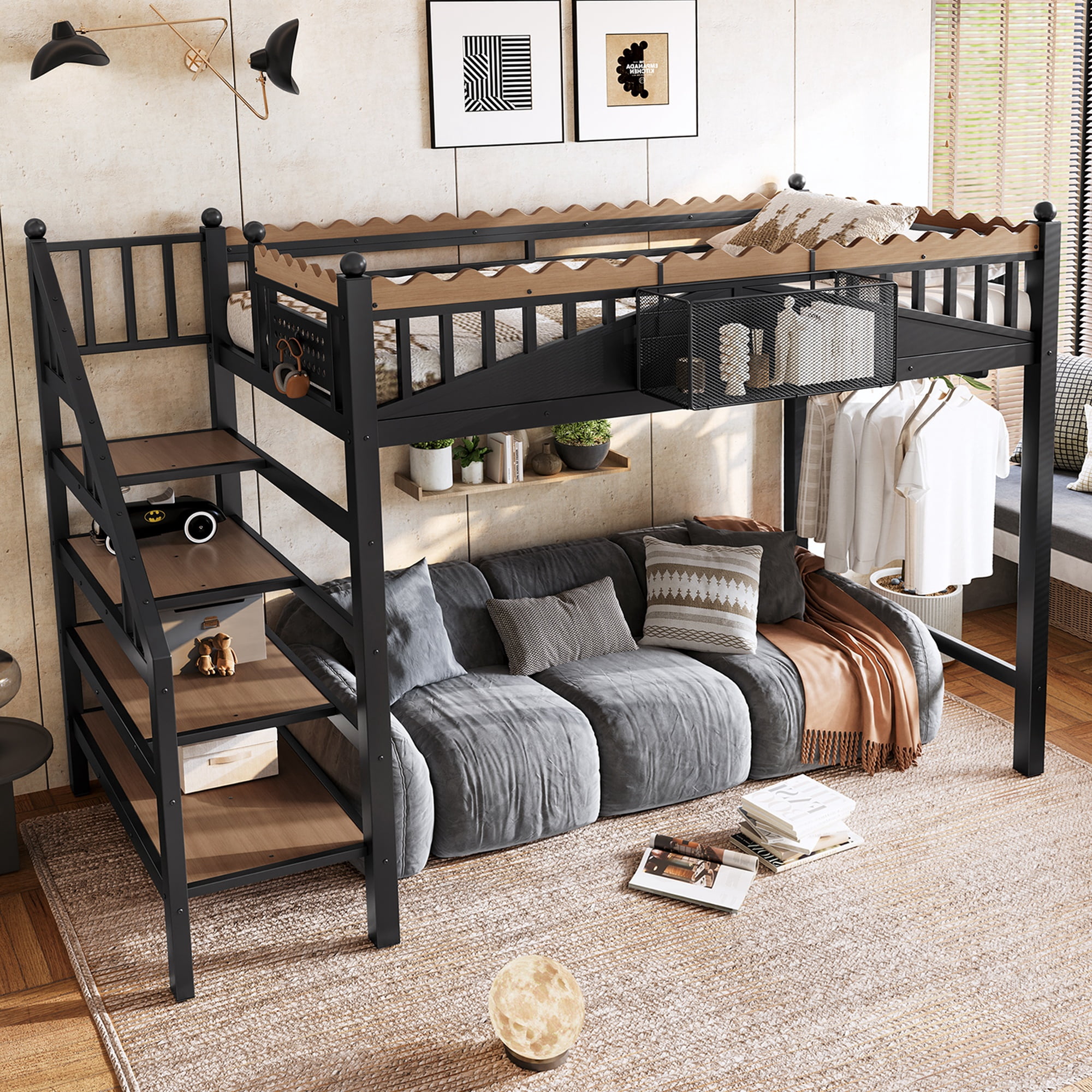 Twin XL Size Loft Bed with Storage Stairs & Bookshelf, Metal Loft Bed Frame with Storage Shelves, Space-Saving Loft Bed for Dorms, Small Bedroom, Black