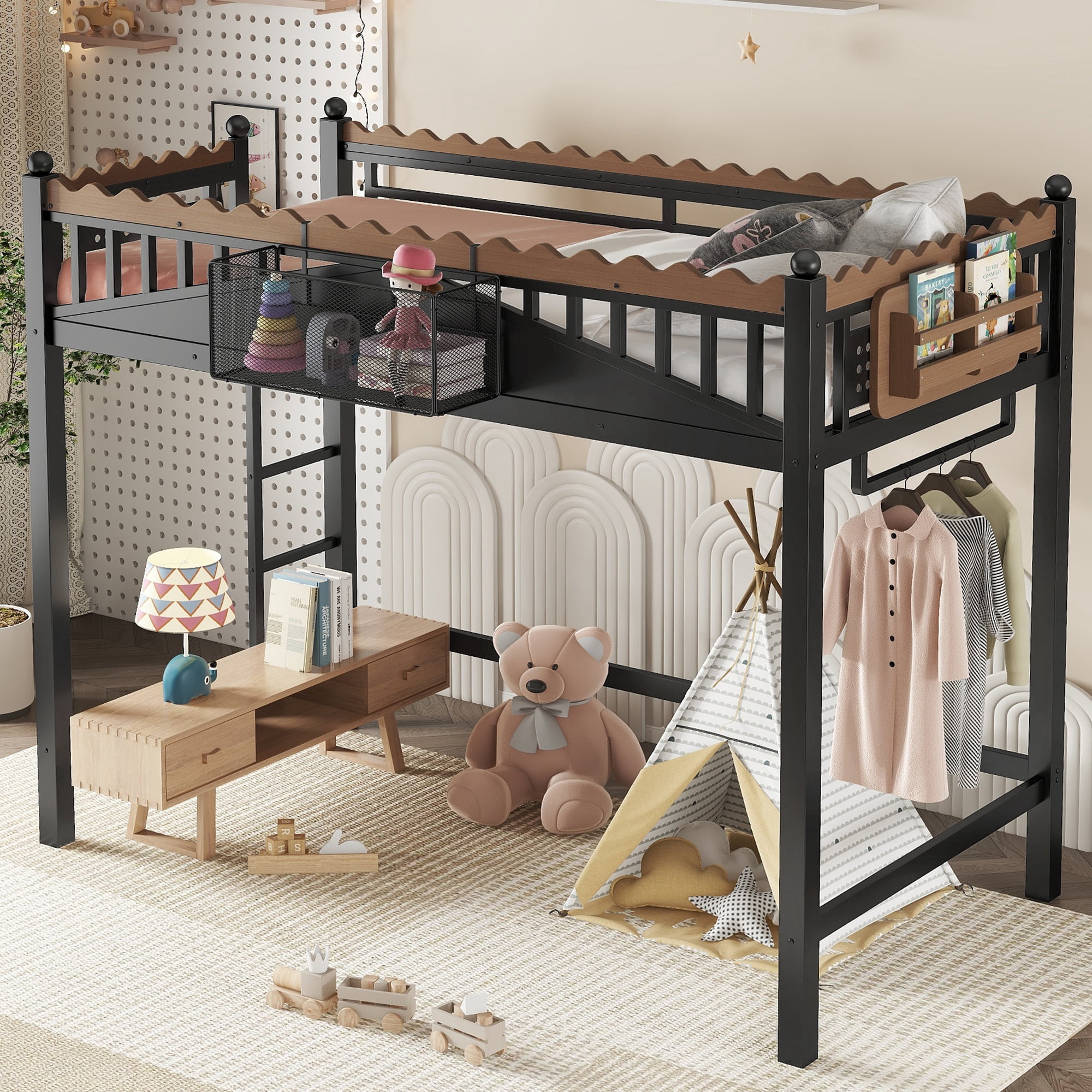 Twin XL Size Loft Bed with Ladder & Bookshelf, Metal Loft Bed Frame with Storage Shelves, Space-Saving Loft Bed for Dorms, Small Bedroom, Black