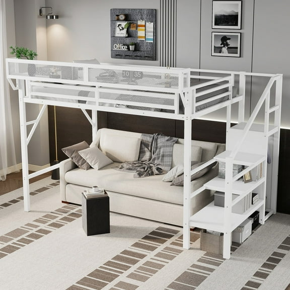 Twin XL Size Loft Bed with Stairs and Storage, Metal Loft Beds Frame with Storage Shelves and Wardrobe, White