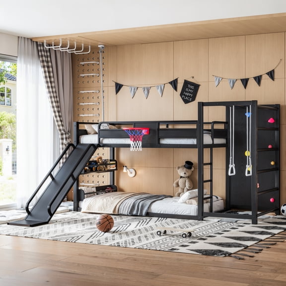 Twin XL Size Loft/Bunk Bed with Basketball Hoop, Pull-up Rings and Climbing Wall, Metal Loft Bed Frame with Slide and Bookshelves, Heavy Duty Bunk Beds with Guardrail