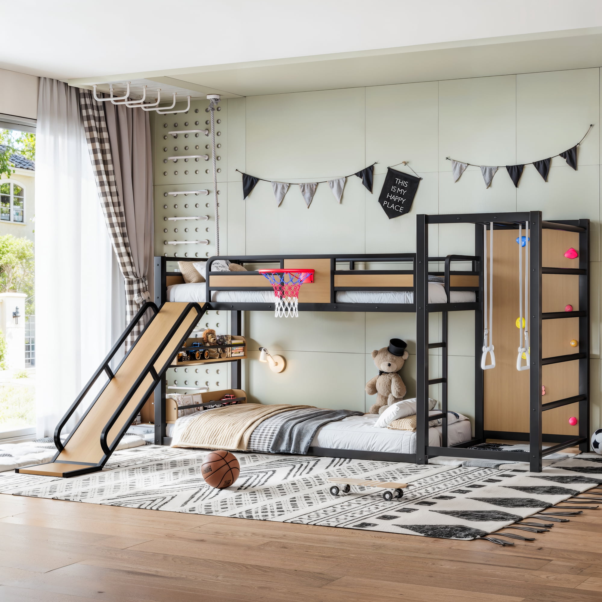 Twin XL Size Loft/Bunk Bed with Basketball Hoop, Pull-up Rings and Climbing Wall, Metal Loft Bed Frame with Slide and Bookshelves, Heavy Duty Bunk Beds with Guardrail