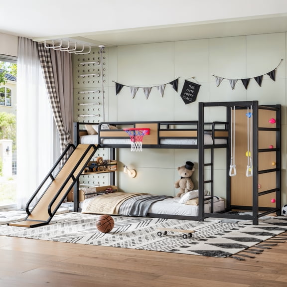 Twin XL Size Loft/Bunk Bed with Basketball Hoop, Pull-up Rings and Climbing Wall, Metal Loft Bed Frame with Slide and Bookshelves, Heavy Duty Bunk Beds with Guardrail