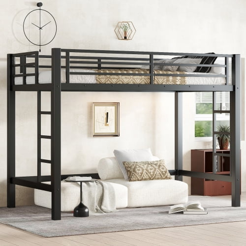 Twin XL Size Metal Loft Bed with Easy Climbing Ladder and Guardrails, Heavy Duty Frame for Adults, Space-Saving Lofted Bed for Bedroom, Dorm Room, No Box Spring Needed, Black