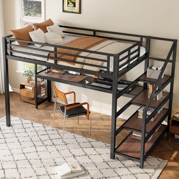 Twin XL Size Metal Loft Bed with Desk & Storage Stairs - LED Lights, USB Ports & Multifunctional Iron Nets, Noise-Free No Box Spring Needed,Black