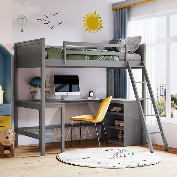 Twin XL Size Metal Loft Bed with L-Shaped Desk, USB, Wardrobe and Adjustable Shelf, High Loft Bed with LED, White