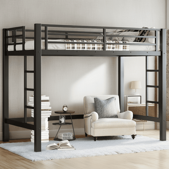 Twin XL Size Metal Loft Bed with Ladder, Space Saving Lofted Bed Frame for Dorm Room, Study Desk Space Under Bed, Black