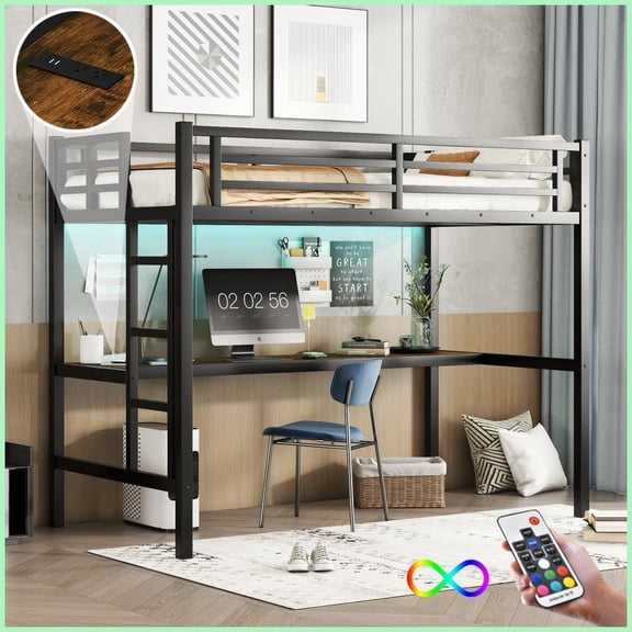 Twin XL Size Metal Loft Bed with Power Outlet & LED Light Space-Saving Noise Reduced Black for Small Rooms