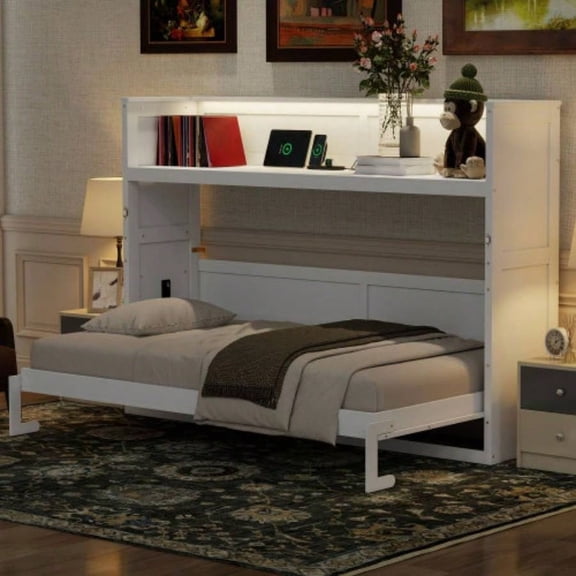 Twin XL Size Murphy Bed with Desk, and Charging Station, White