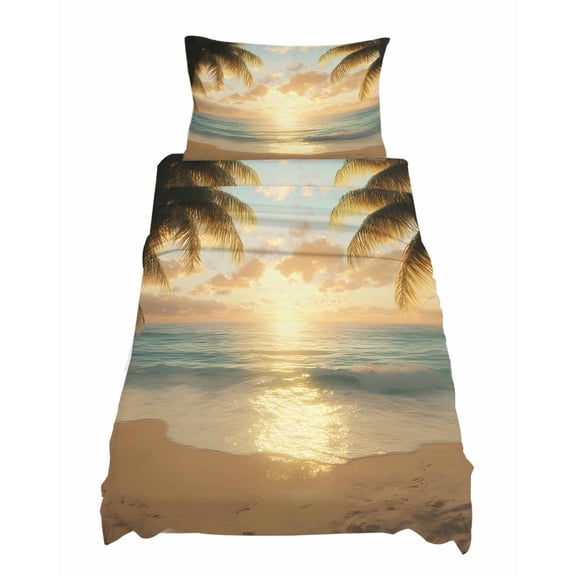 Twin XL Size Ocean Sunset Sheet Sets Tropical Sandy Beach Palm Trees Soft Breathable Microfiber Bed Sheets Deep Pockets 4 Piece Bed Sheets Set, 1 Fitted Sheet, 1 Flat Sheet & 1 Pillowcases