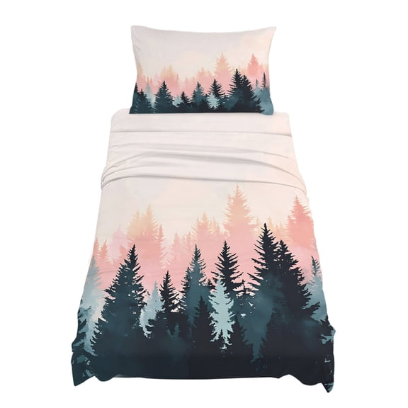 Twin XL Size Ombre Green Pink Forest Sheet Sets Abstract Art Silhouette Landscape Soft Breathable Microfiber Bed Sheets 4 Piece Bed Sheets Set, 1 Fitted Sheet, 1 Flat Sheet & 1 Pillowcases
