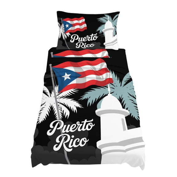 Twin XL Size Puerto Rico Flag Sheet Sets Modern Art Building Red Blue Flag Palm Trees Soft Breathable Microfiber Bed Sheets 4 Piece Bed Sheets Set, 1 Fitted Sheet, 1 Flat Sheet & 1 Pillowcases