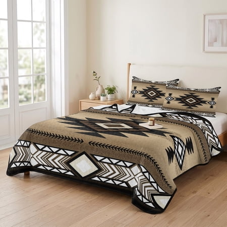 Twin XL Size Quilt Set, Abstract Boho Brown Geometric Pattern Lightweight Bedspread Coverlet Set Soft Microfiber Summer Quilt with 2 Pillow Shams, Retro Southwest Theme 3 Piece Comforter Bedding Set
