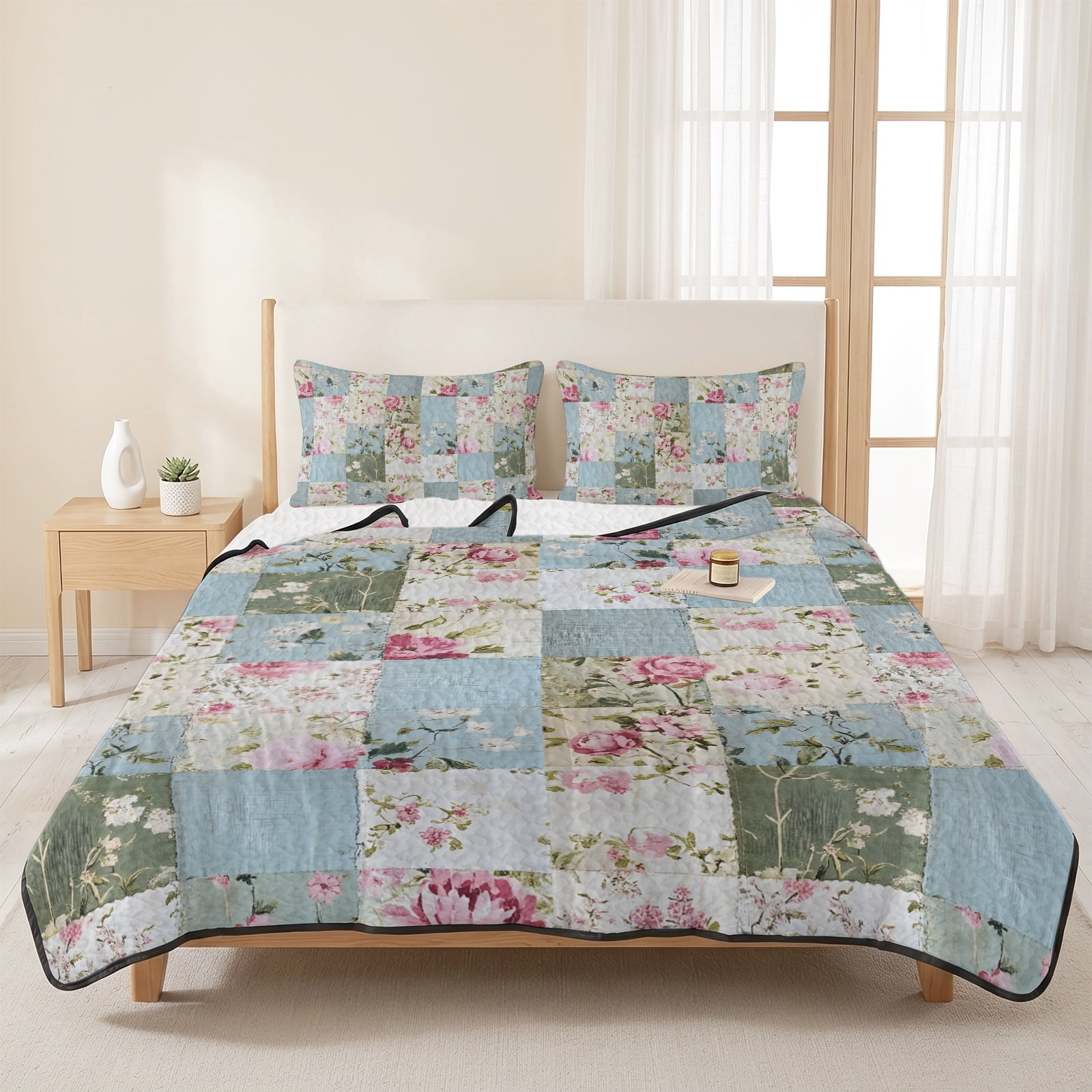 Twin XL Size Quilt Set,Country Pink Rose Floral Plaid Vintage Linen ...