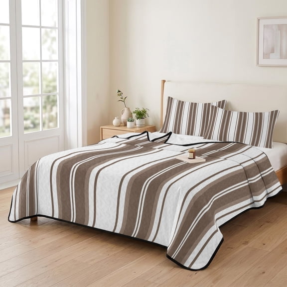 Twin XL Size Quilt Set, Rustic Brown Stripes Lightweight Bedspread Coverlet Set Soft Microfiber Summer Quilt with 2 Pillow Shams, Minimalist White Line 3 Piece Comforter Bedding Set