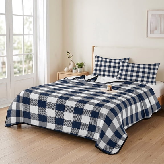 Twin XL Size Quilt Set, Rustic Buffalo Check Lightweight Bedspread Coverlet Set Soft Microfiber Summer Quilt with 2 Pillow Shams, Blue and White Lattice 3 Piece Comforter Bedding Set