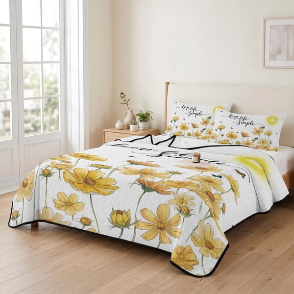 Twin XL Size Quilt Set, Rustic Yellow Flower Butterfly Lightweight Bedspread Coverlet Set Soft Microfiber Summer Quilt with 2 Pillow Shams, Farmhouse Pastoral Plant 3 Piece Comforter Bedding Set