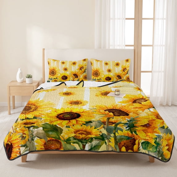 Twin XL Size Quilt Set,Summer Sunflower Yellow Stripe Lightweight ...