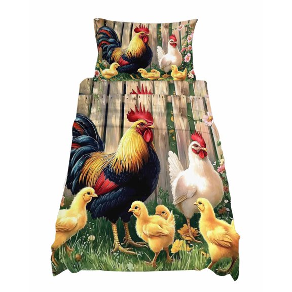Twin XL Size Rooster Chicken Pink Flowers Sheet Sets Watercolor Art Vintage Farm Soft Breathable Microfiber Bed Sheets 4 Piece Bed Sheets Set, 1 Fitted Sheet, 1 Flat Sheet & 1 Pillowcases