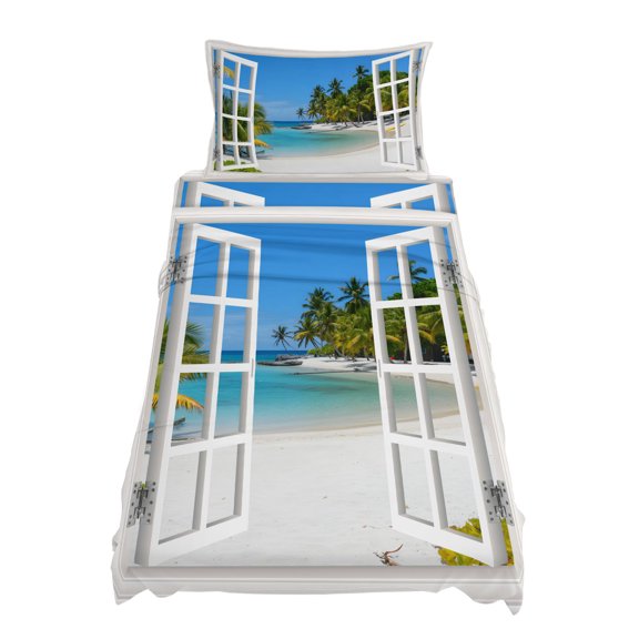 Twin XL Size Sandy Beach Sheet Sets Coconut Trees Sky Windows View Soft Breathable Microfiber Bed Sheets Deep Pockets 4 Piece Bed Sheets Set, 1 Fitted Sheet, 1 Flat Sheet & 1 Pillowcases