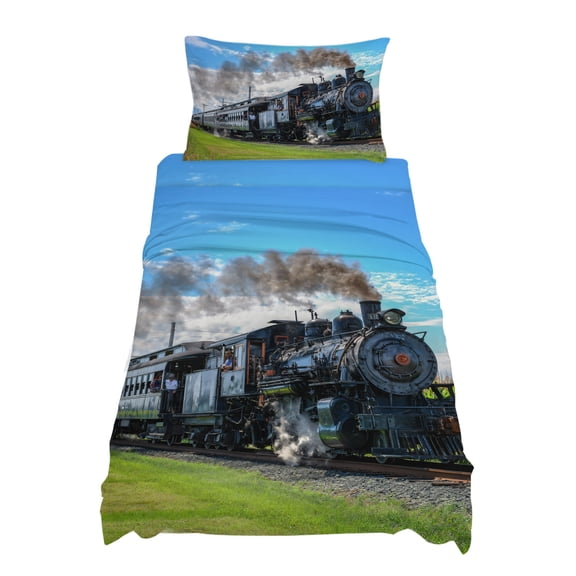 Twin XL Size Steam Train Sheet Sets Railways Trees Landscape Modern Soft Breathable Microfiber Bed Sheets Deep Pockets 4 Piece Bed Sheets Set, 1 Fitted Sheet, 1 Flat Sheet & 1 Pillowcases