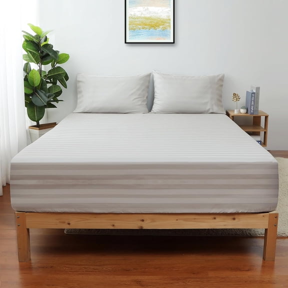 Twin XL Size Striped Fitted Sheet Only Light Beige Color, 100% Egyptian Cotton 600 Thread Count, 16" Deep Pocket Premium Cotton Mattress Sheet (1 Bottom Sheet Only)