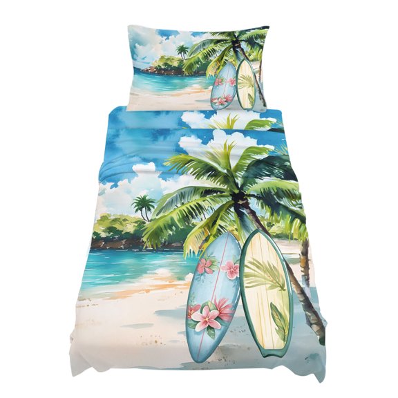 Twin XL Size Summer Beach Sheet Sets Backboard Coconut Tree Modern Ocean Scenery Soft Breathable Microfiber Bed Sheets 4 Piece Bed Sheets Set, 1 Fitted Sheet, 1 Flat Sheet & 1 Pillowcases