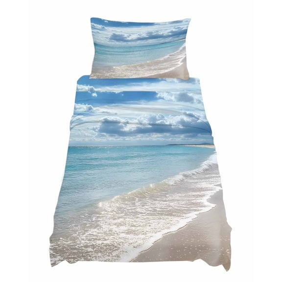 Twin XL Size Summer Beach Sheet Sets Ocean Waves Sky Cloud Scenery Shore Soft Breathable Microfiber Bed Sheets Deep Pockets 4 Piece Bed Sheets Set, 1 Fitted Sheet, 1 Flat Sheet & 1 Pillowcases