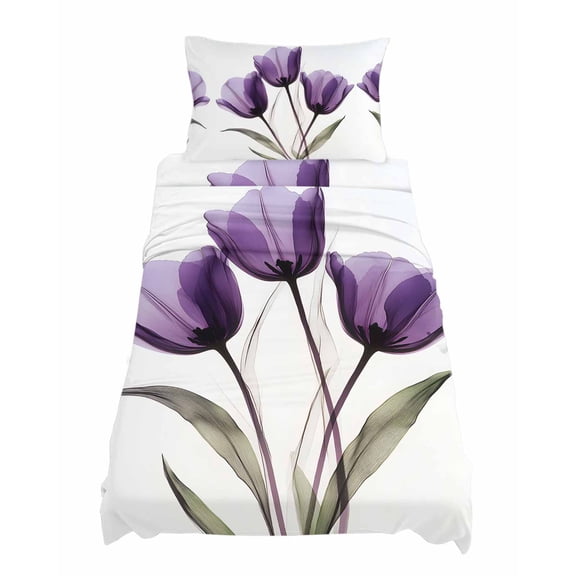 Twin XL Size Transparent Effect Floral Sheet Sets Delicate Purple Tulip Soft Breathable Microfiber Bed Sheets Deep Pockets 4 Piece Bed Sheets Set, 1 Fitted Sheet, 1 Flat Sheet & 1 Pillowcases