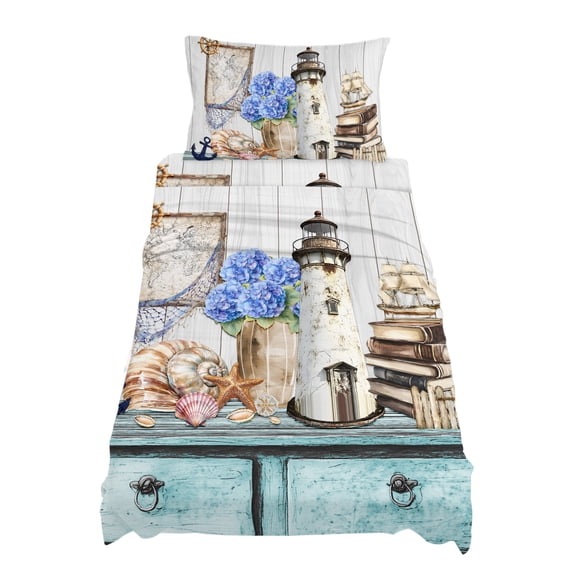 Twin XL Size Vintage Lighthouse Sheet Sets Anchor Book Map Hydrangea Starfish Shell Soft Breathable Microfiber Bed Sheets 4 Piece Bed Sheets Set, 1 Fitted Sheet, 1 Flat Sheet & 1 Pillowcases