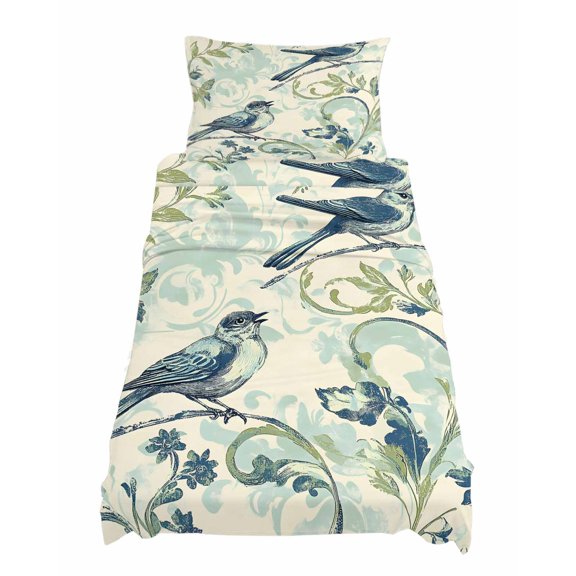 Twin XL Size Watercolor Blue Green Bird Sheet Sets Leaf Green Brach Vintage Soft Breathable Microfiber Bed Sheets Deep Pockets 4 Piece Bed Sheets Set, 1 Fitted Sheet, 1 Flat Sheet & 1 Pillowcases