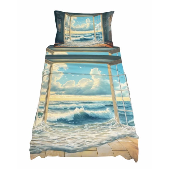 Twin XL Size Window On The Ocean Sheet Sets Wave Cloud Summer Scenery Soft Breathable Microfiber Bed Sheets Deep Pockets 4 Piece Bed Sheets Set, 1 Fitted Sheet, 1 Flat Sheet & 1 Pillowcases