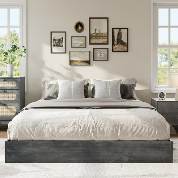 Twin-XL Size Wood Platform Bed Frame, Solid Wood, No Headboard, Floor-Standing, Sturdy Slat Support, No Box Spring Needed, Charcoal Grey