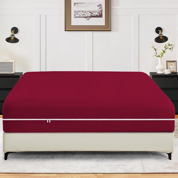 Twin XL Size Zipper Fitted Sheet Only – 100% Egyptian Cotton, 600 Thread Count, 12-Inch Extra Deep Pocket, Luxury Sateen Weave Bottom Sheet, Hotel Quality, ( 39" x 80" +12" , Burgundy Solid )
