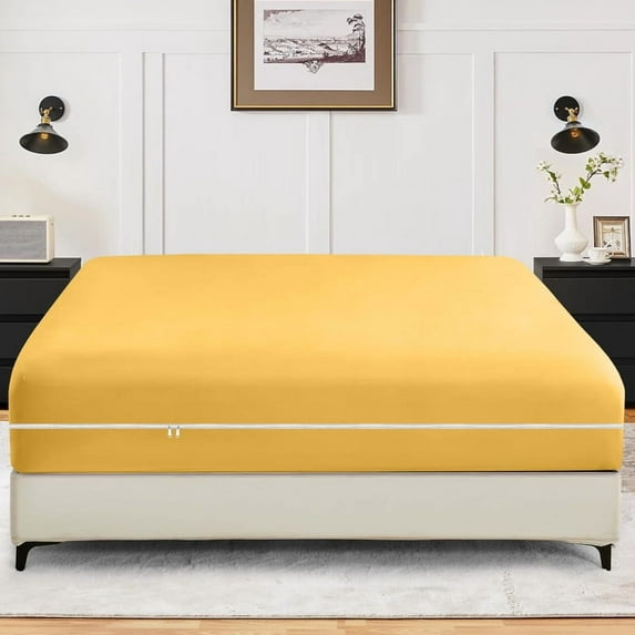 Twin-XL Size Zippered Closure Fitted Sheet (39" x 80"), 1-Piece Bottom Sheet, 800 Thread Count 100% Egyptian Cotton, Fits Up to 15" Deep Mattress, Color Gold Solid