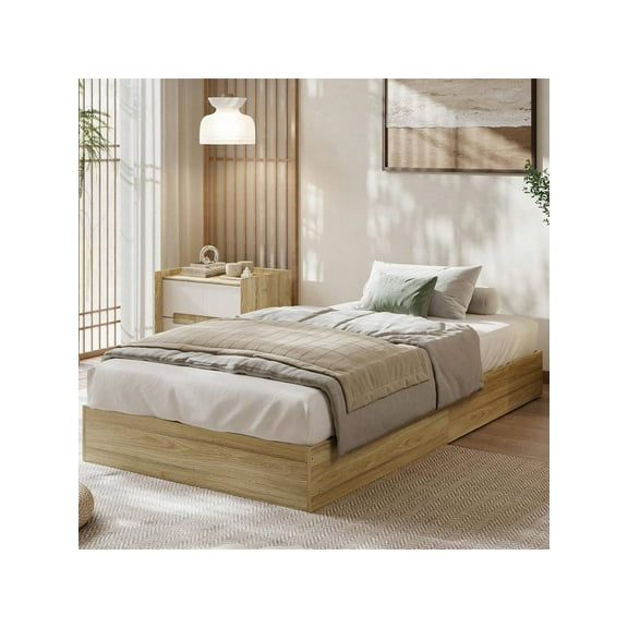 Twin XL Solid Wood Platform Bed Frame, Minimalist Floor-Standing Design, Space-Saving, No Box Spring, Golden Tan