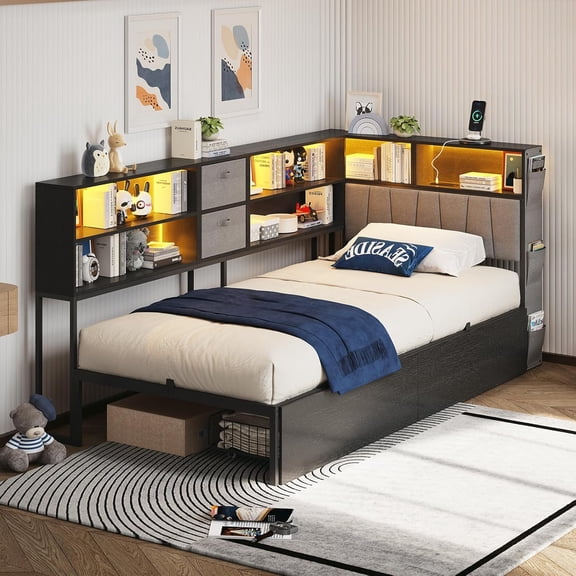 Twin XL Storage Platform Bed with LED Bookshelf Headboard & Underbed Drawer | LED Lighting, Underbed Drawer, Storage Drawers, Charging Station, Black