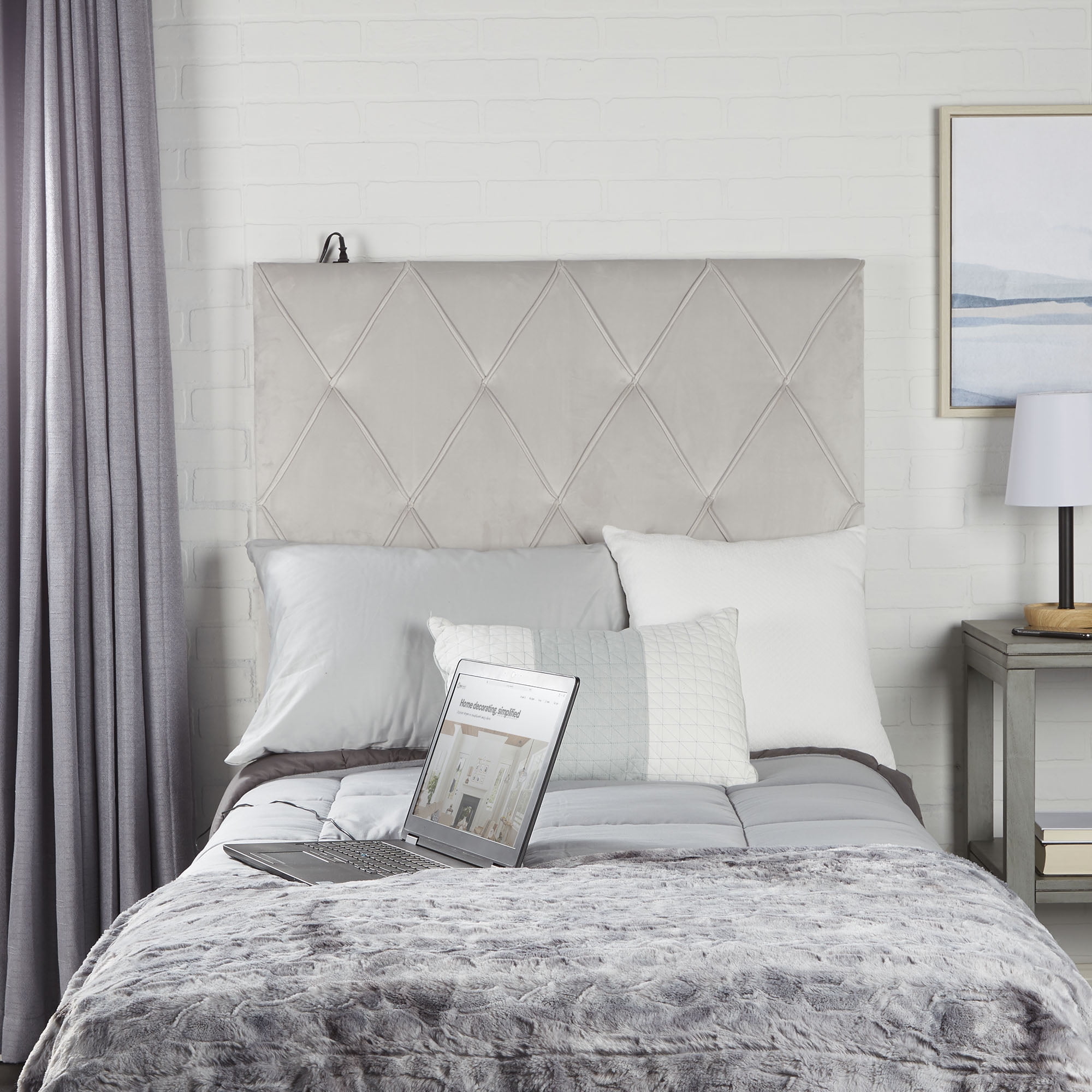 TwinXL Tufted FXL Upholstered Headboard with USB Port, Lt. Grey Finish